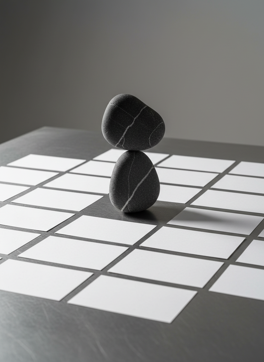 A single, smooth river stone, charcoal gray with a faint white vein, stands balanced on its narrow edge on a brushed steel surface. Around it, thin white index cards are arranged in a clean grid, each perfectly blank, forming a strict geometric pattern. The setting is a sparse tabletop scene against a neutral, mid-gray background, devoid of ornament. Hard, overhead studio lighting creates sharp, graphic shadows that emphasize the stone’s precarious equilibrium and the rectilinear order of the cards. Captured at eye level with photographic realism, using a shallow depth of field that keeps the stone and nearest cards in razor focus. The mood is concentrated, bold, and analytical, reflecting the tension between inner stillness, balance, and the emerging structure of mindful poetry.