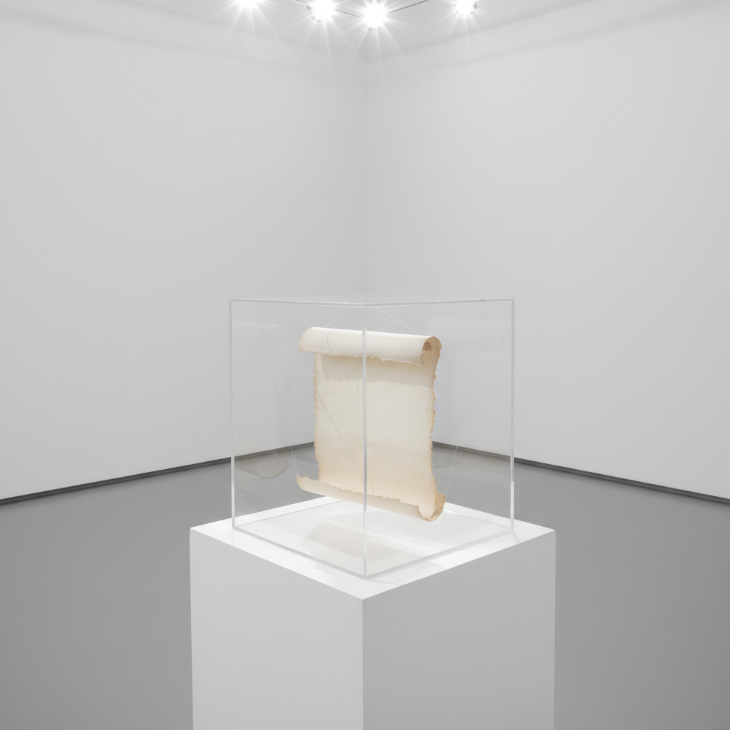 A rigid, transparent acrylic cube sits on a white, glossy pedestal in an otherwise empty gallery-like room. Suspended inside the cube is a single, curled page of off-white paper with subtle deckled edges, held midair by nearly invisible clear threads. No text is visible; only the texture and contour of the page imply content. The walls and floor are pure white, creating a clinical, contemplative environment. Stark overhead spotlights illuminate the cube, creating crisp reflections and well-defined, geometric shadows on the pedestal and floor. Photographic realism, captured at eye level with a slightly off-center composition for subtle tension. The mood is bold, precise, and analytical, hinting at poetry as an object of mindful examination rather than sentimentality, inviting deep, focused engagement with meaning.