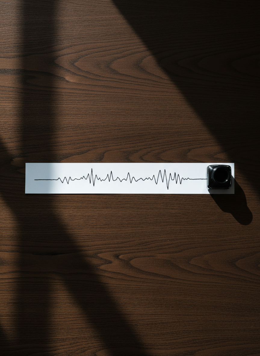 A narrow strip of bright white paper runs the full length of a dark wooden table, forming a stark horizontal line. On the paper, a single line of black ink traces an irregular path, slightly trembling, from left edge to right, like a minimal seismograph of emotion. The surroundings are empty; only the wood grain, the paper’s clean edge, and a small, square black ink bottle at the far right interrupt the space. Cool, side lighting from a high window casts decisive shadows that accentuate every edge and texture. Photographic realism, shot from directly above with a strict, graphic composition that emphasizes linearity. The atmosphere is introspective yet unsentimental, suggesting the distilled, mindful act of transforming inner movement into precise, meaningful verse.