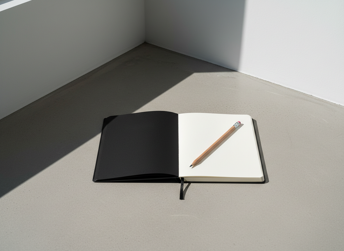 A single, matte-black hardcover notebook lies open on a smooth, light concrete slab, its blank, cream-colored pages forming a precise, geometric rectangle. A sharpened graphite pencil rests diagonally across the center fold, its metallic ferrule catching an edge of light. The environment is an otherwise empty studio corner with stark white walls and no decoration. Cool, directional daylight enters from the left, creating crisp, elongated shadows and emphasizing the texture of paper and concrete. Photographic realism, shot from a slightly elevated angle with a centered, minimalist composition and sharp focus throughout. The atmosphere feels bold, contemplative, and unsentimental, suggesting space for clear, mindful reflection and grounded poetic thought without cliché.